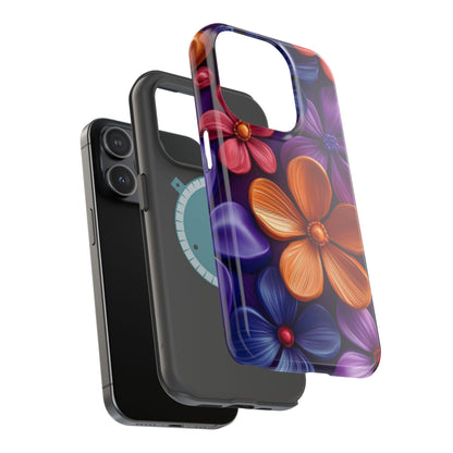 Bold Floral 3D MagSafe iPhone Case – Vivid Purple and Orange Flower Design, Shock-Resistant