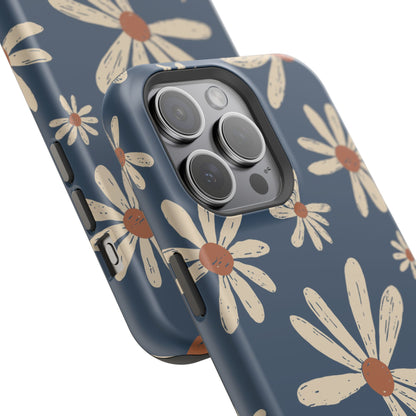 Vintage Daisies MagSafe iPhone Case – Navy Blue Floral Design, Scratch-Resistant with Shock-Absorbing Bumper