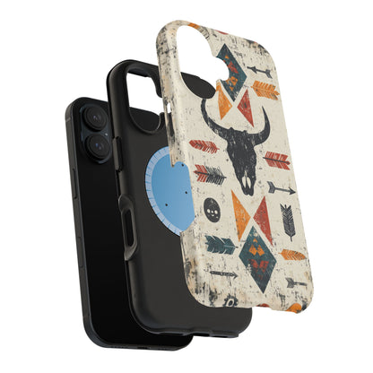 Tribal Bull Skull & Arrows Tough MagSafe iPhone Case – Rustic Western Design, Dual-Layer Protection