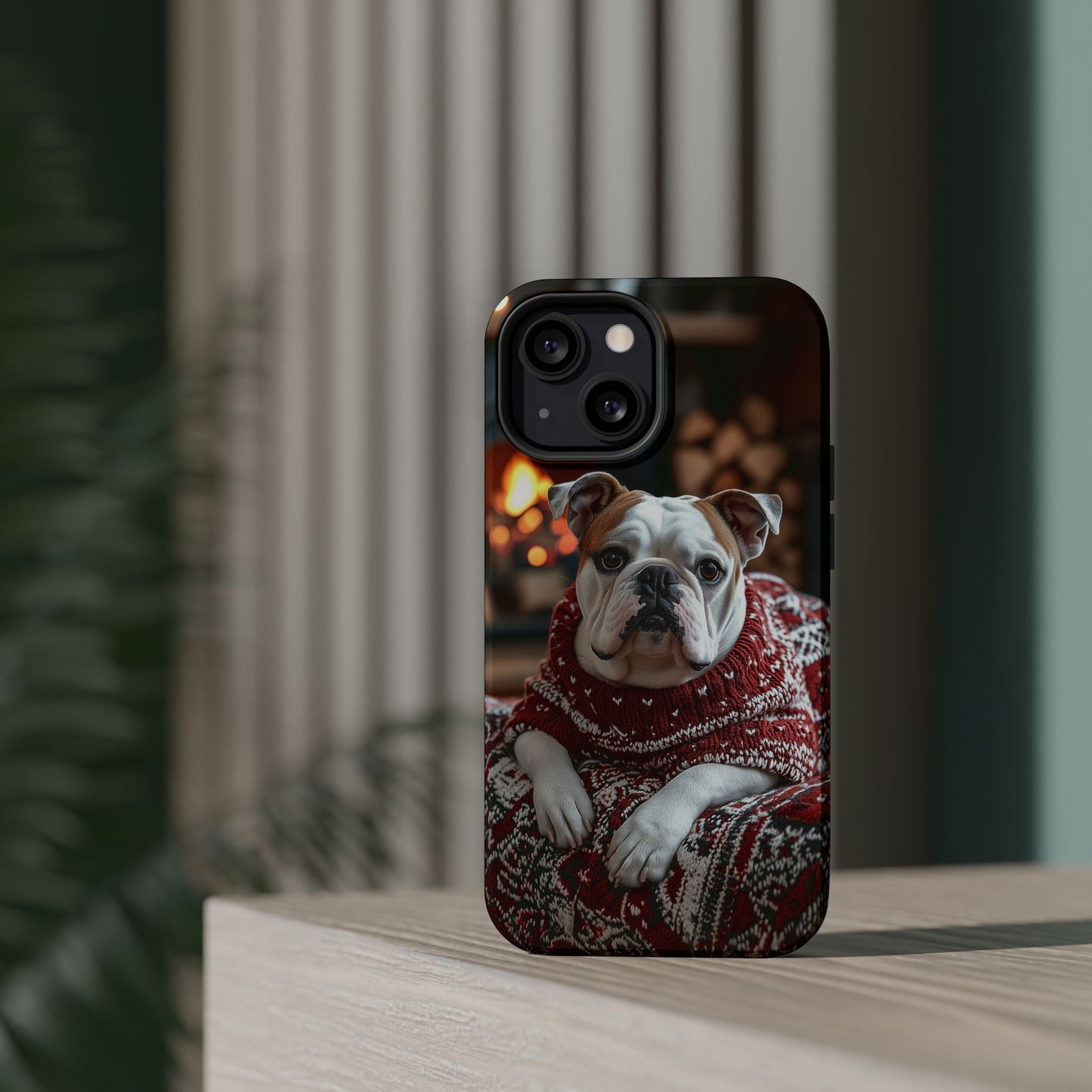 Cozy Bulldog in Sweater MagSafe iPhone Case – Festive Fireplace Protective Cover