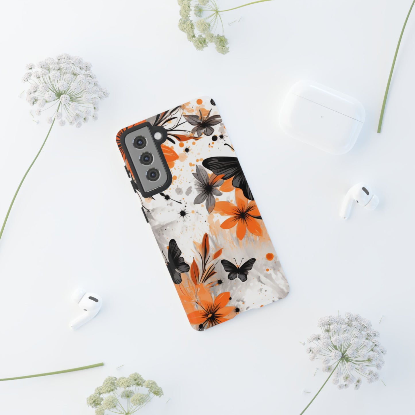 Orange Blossom & Black Butterfly Samsung Galaxy Case – Bold Floral Pattern with Modern Abstract Style