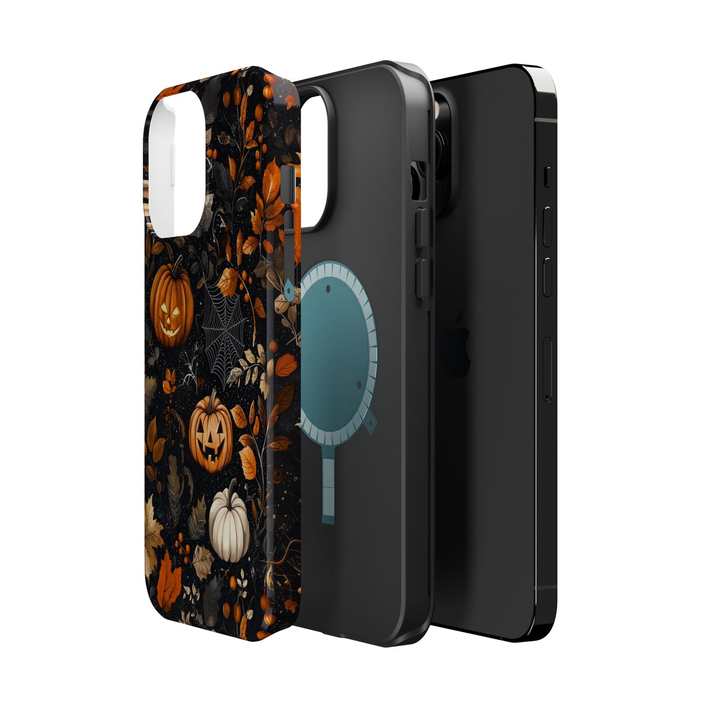 Elegant Halloween MagSafe iPhone Case – Pumpkin Jack-o'-Lanterns, Cobwebs & Autumn Foliage Design