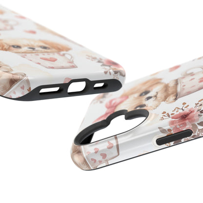 Cute Puppies in Heart MagSafe iPhone Case – Adorable Dog & Floral Design, Shockproof & Slim