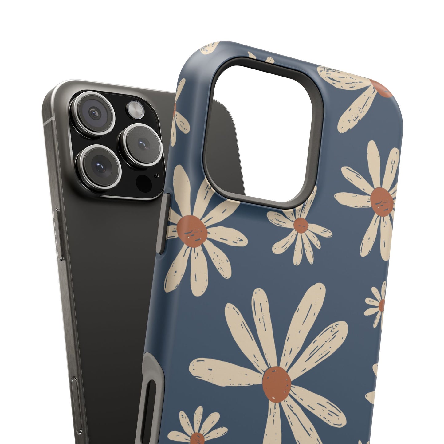 Vintage Daisies MagSafe iPhone Case – Navy Blue Floral Design, Scratch-Resistant with Shock-Absorbing Bumper