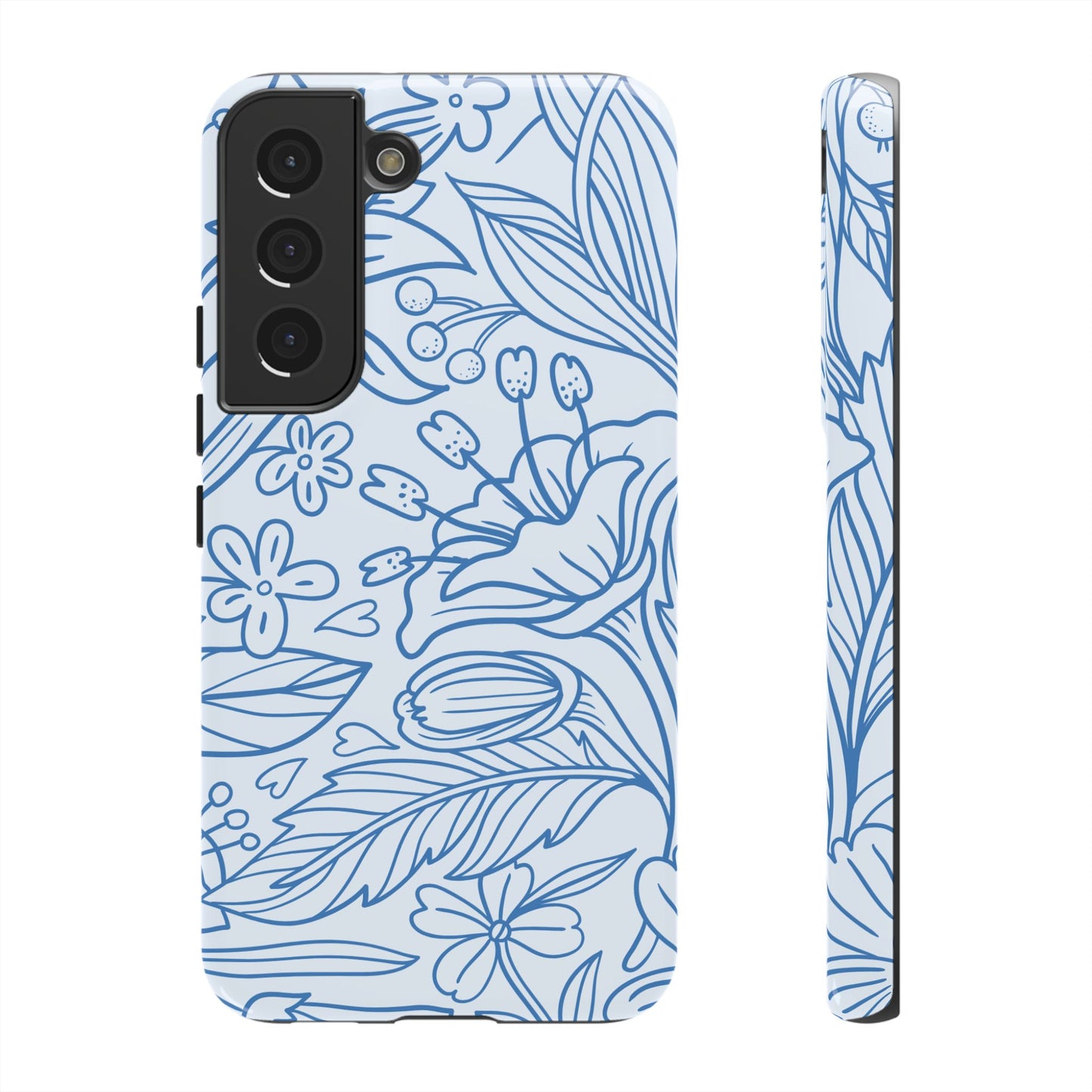 Dusty Blue Floral Line Art Tough Samsung Galaxy Case – Minimalist Botanical Design with Dual-Layer Protection