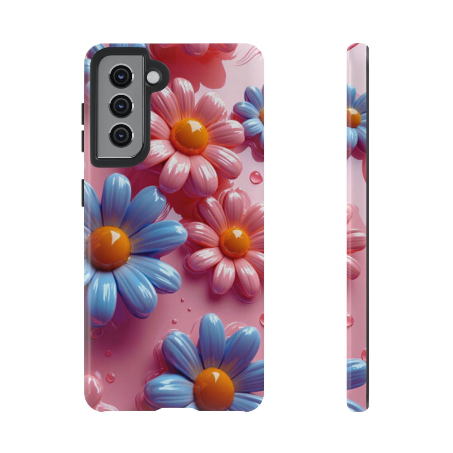 Pastel Daisy 3D Samsung Galaxy Case – Glossy Pink and Blue Floral Design, Full Protection - BOGO Cases