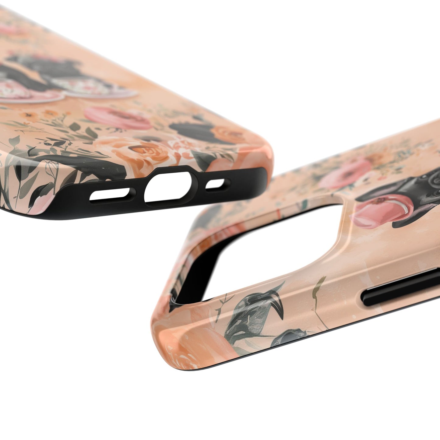 Floral French Bulldogs iPhone Case – Elegant Dog Design with Tea Cups & Roses, Shockproof Protection - BOGO Cases