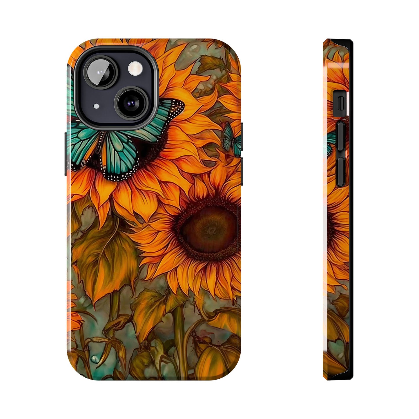 Vintage Blue Butterfly & Sunflower Art – iPhone Case