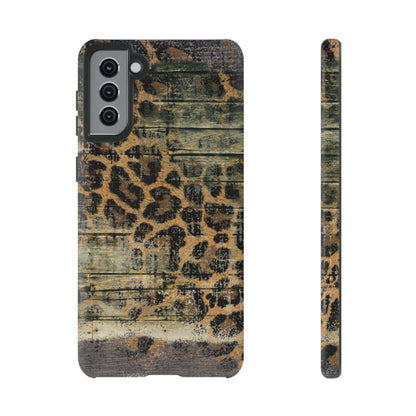 Rustic Wood and Leopard Print Tough Samsung Galaxy Case – Distressed Western Design with Dual-Layer Protection