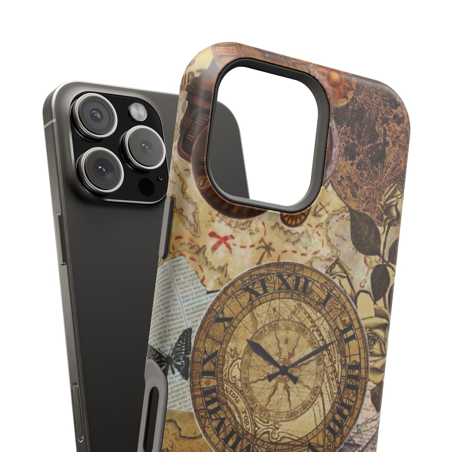 Steampunk Vintage Adventure MagSafe iPhone Case – Dual-Layer Protection with Antique Map and Clock Design