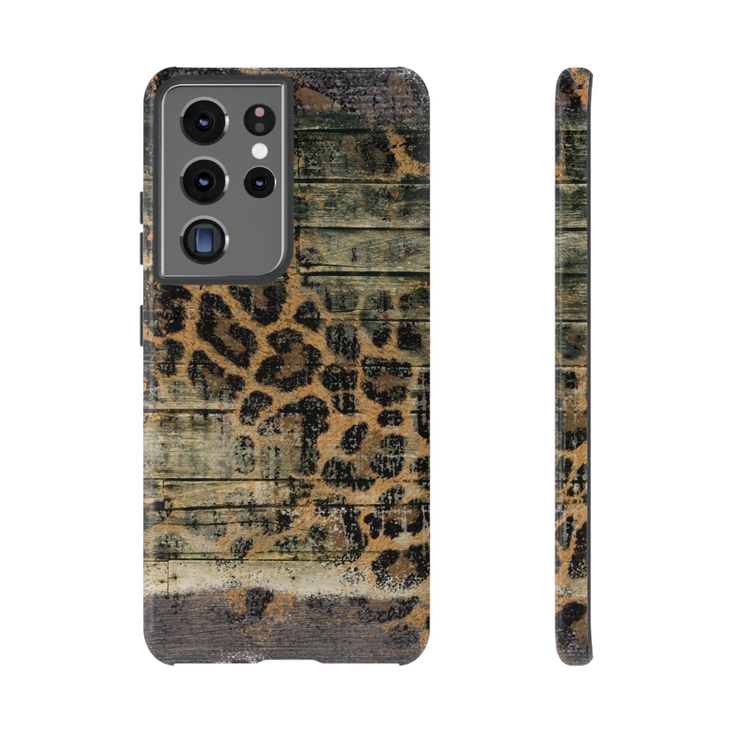 Rustic Wood and Leopard Print Tough Samsung Galaxy Case – Distressed Western Design with Dual-Layer Protection