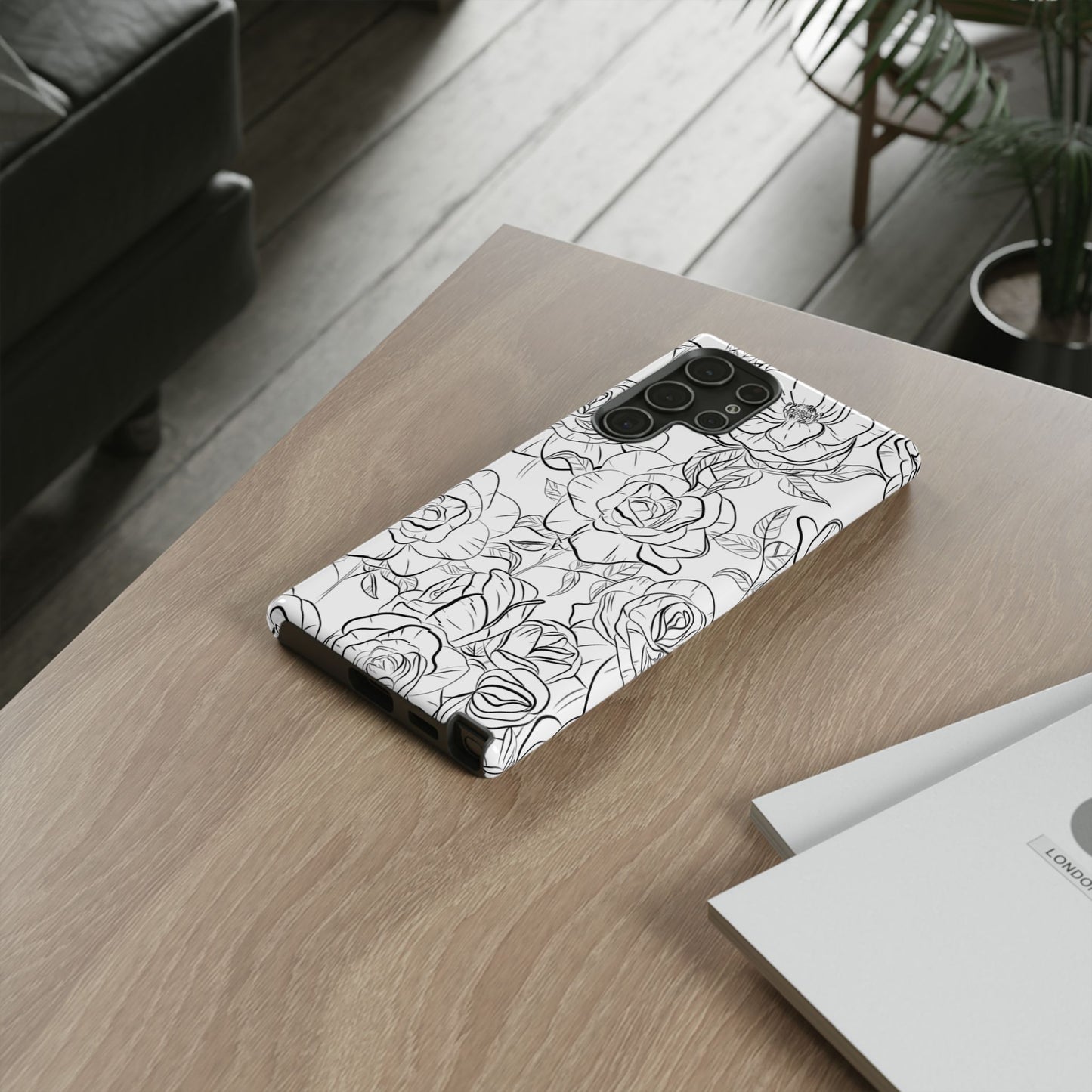 Monochrome Rose Garden Tough Samsung Galaxy Case – Elegant Floral Line Art with Dual-Layer Protection