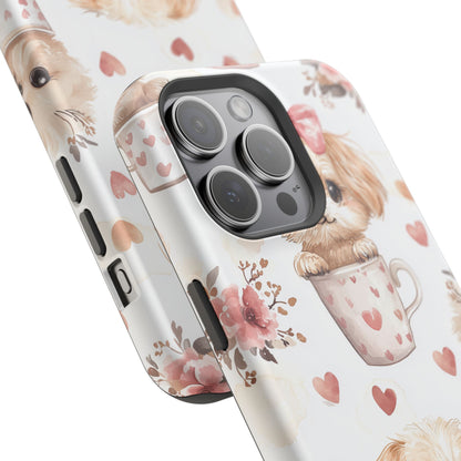 Cute Puppies in Heart MagSafe iPhone Case – Adorable Dog & Floral Design, Shockproof & Slim