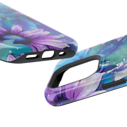 Purple & Teal Watercolor Floral MagSafe iPhone Case - Artistic Flower Design