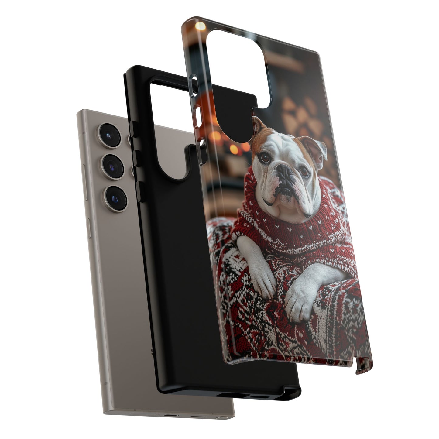 Cozy Bulldog in Sweater Samsung Galaxy Case – Festive Fireplace Protective Cove