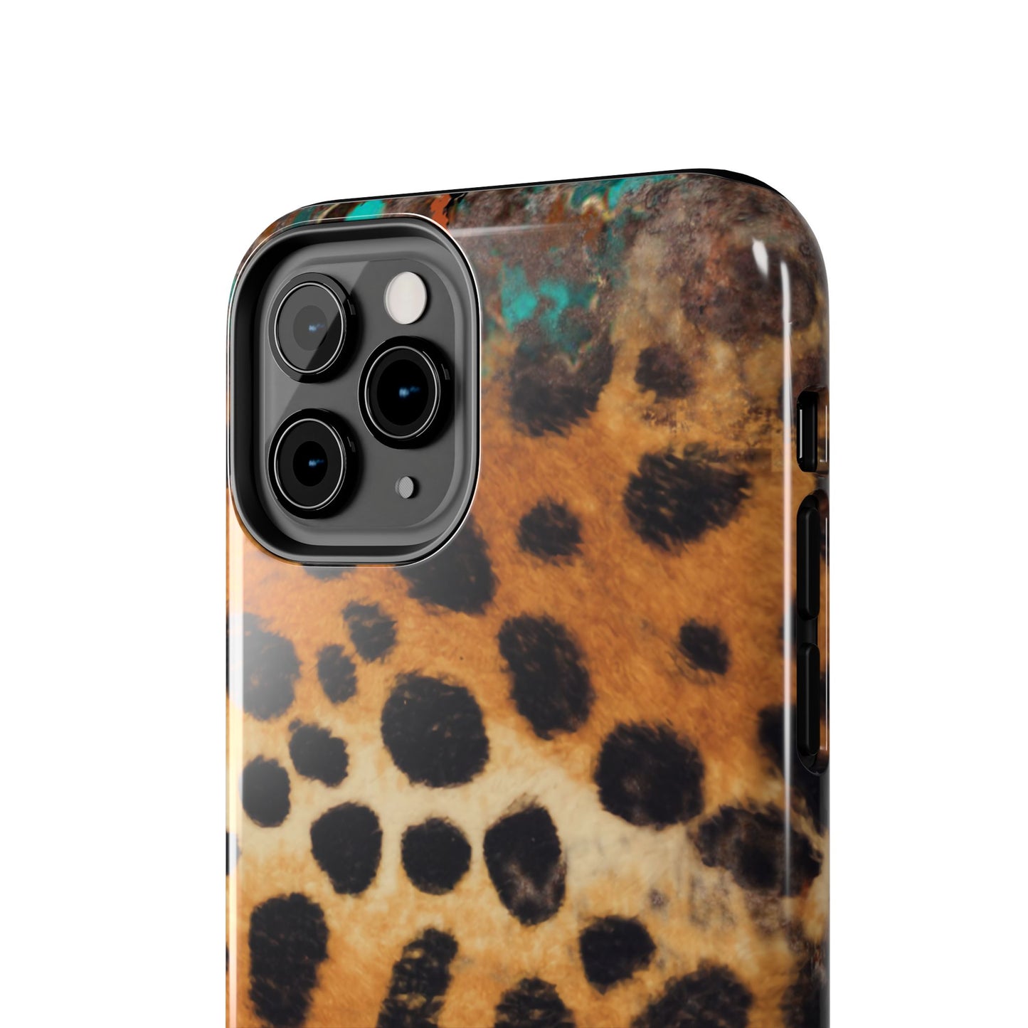 Rustic Leopard Print Tough iPhone Case – Distressed Turquoise and Animal Pattern with Dual-Layer Protection