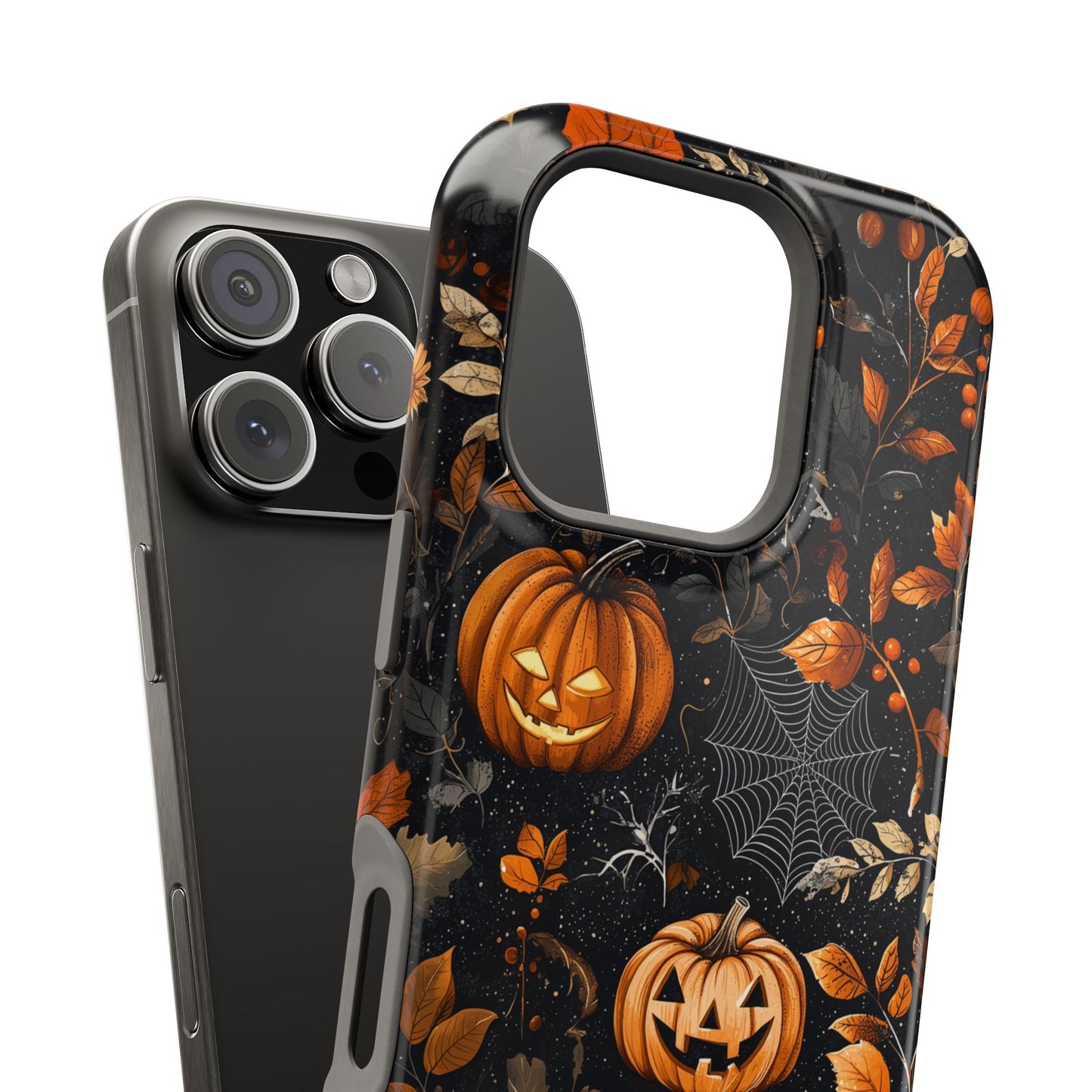 Elegant Halloween MagSafe iPhone Case – Pumpkin Jack-o'-Lanterns, Cobwebs & Autumn Foliage Design