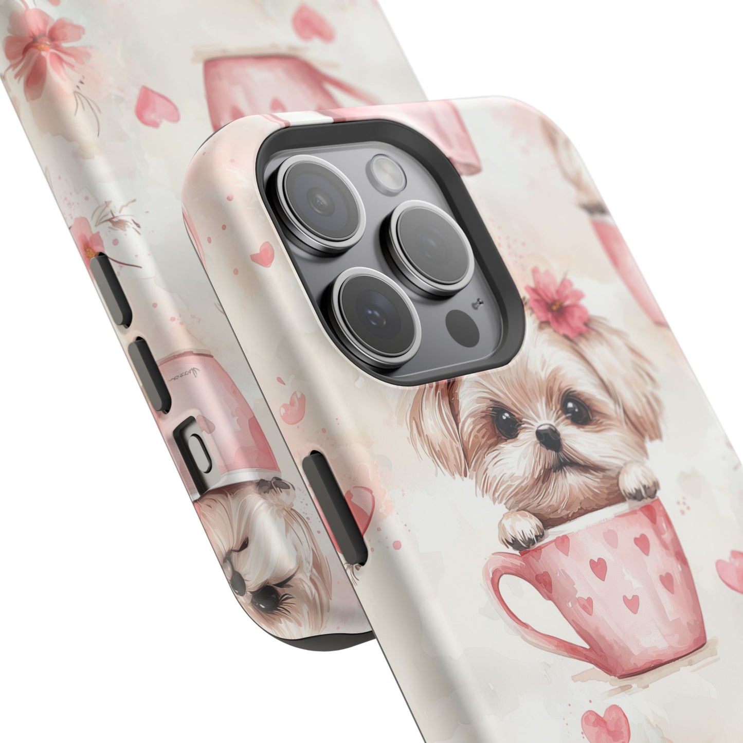 Floral Puppy in Teacup MagSafe iPhone Case – Cute Pink Flower Design, Tough Dual-Layer Protection