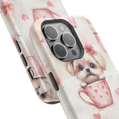 Floral Puppy in Teacup MagSafe iPhone Case – Cute Pink Flower Design, Tough Dual-Layer Protection