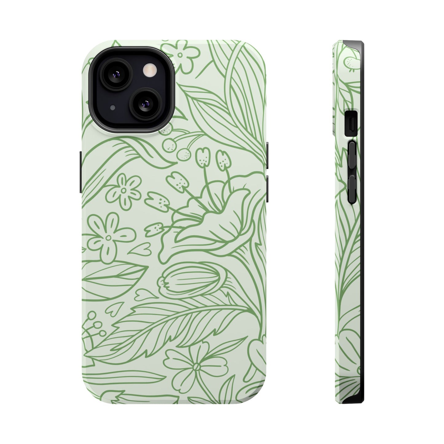 Sage Green Floral Line Art Tough MagSafe iPhone Case – Minimalist Botanical Design with Dual-Layer Protection