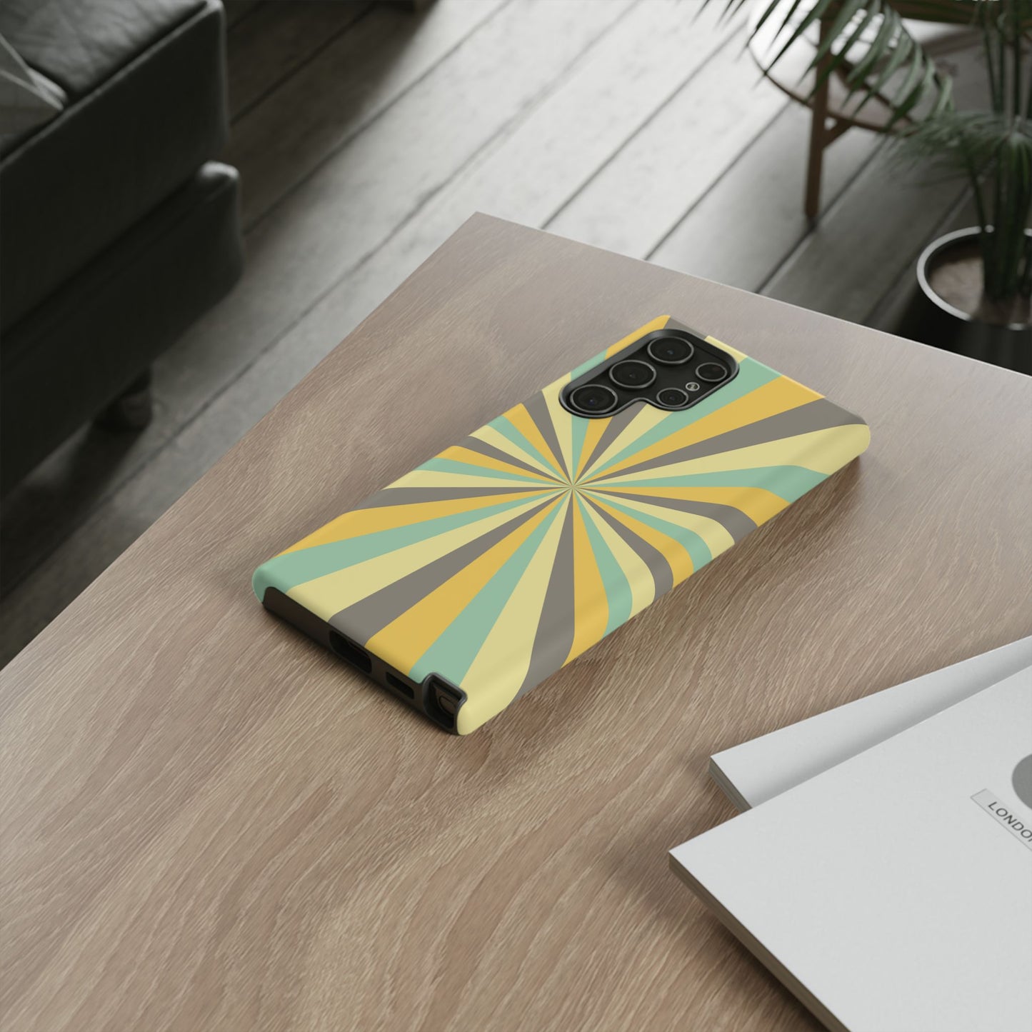 Vintage Sunburst Rays Samsung Galaxy Case – Bold 70s-Inspired Burst in Yellow, Mint, and Gray