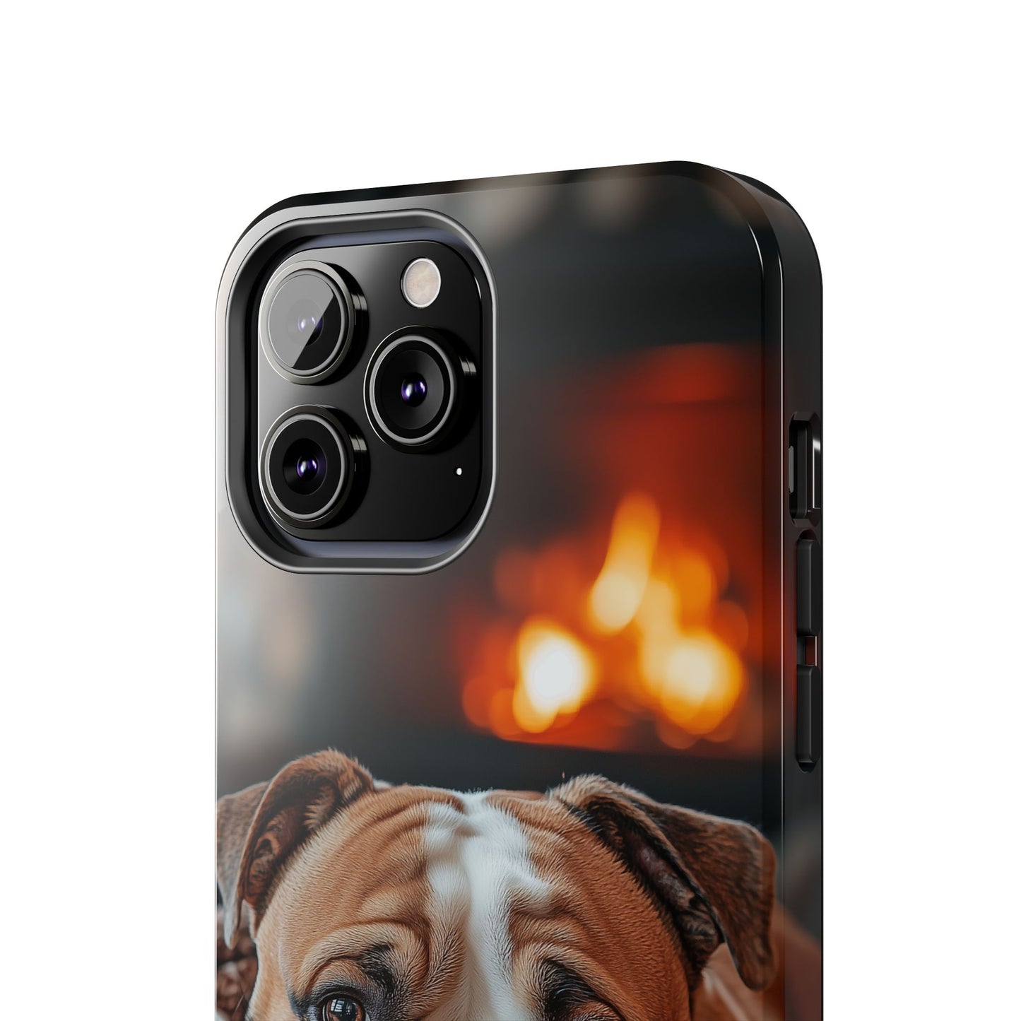 Cozy Bulldog iPhone Case – Fireside-Inspired Protective Cover Description: