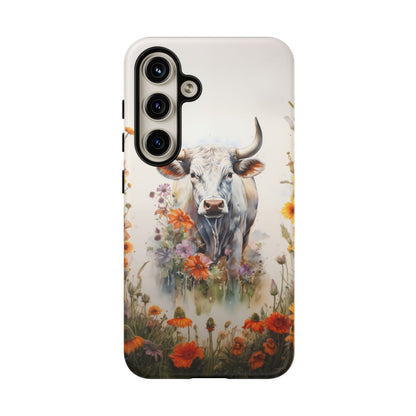 Floral Cow Phone Case - Rustic Western Watercolor Bull. For iPhone, Samsung Galaxy, and Google Pixel Phones. Cute Gift For Any Cow Lover. - BOGO Cases