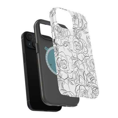 Monochrome Rose Garden Tough MagSafe iPhone Case – Elegant Floral Line Art with Dual-Layer Protection