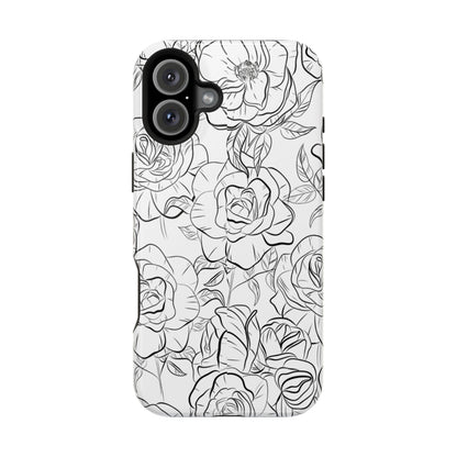 Monochrome Rose Garden Tough MagSafe iPhone Case – Elegant Floral Line Art with Dual-Layer Protection