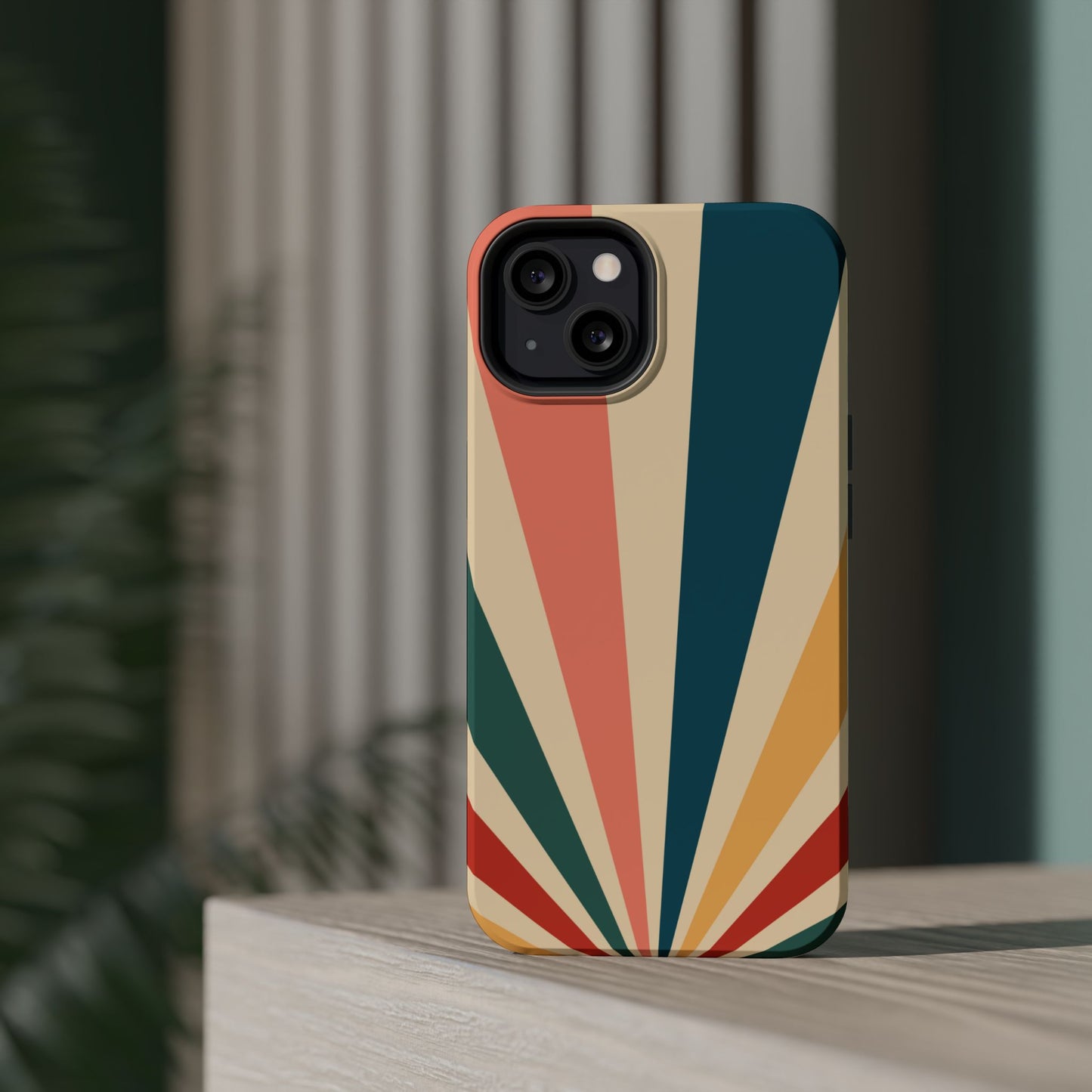 Retro Sunbeam MagSafe iPhone Case – 70s-Inspired Radiating Stripes in Coral, Teal, and Mustard