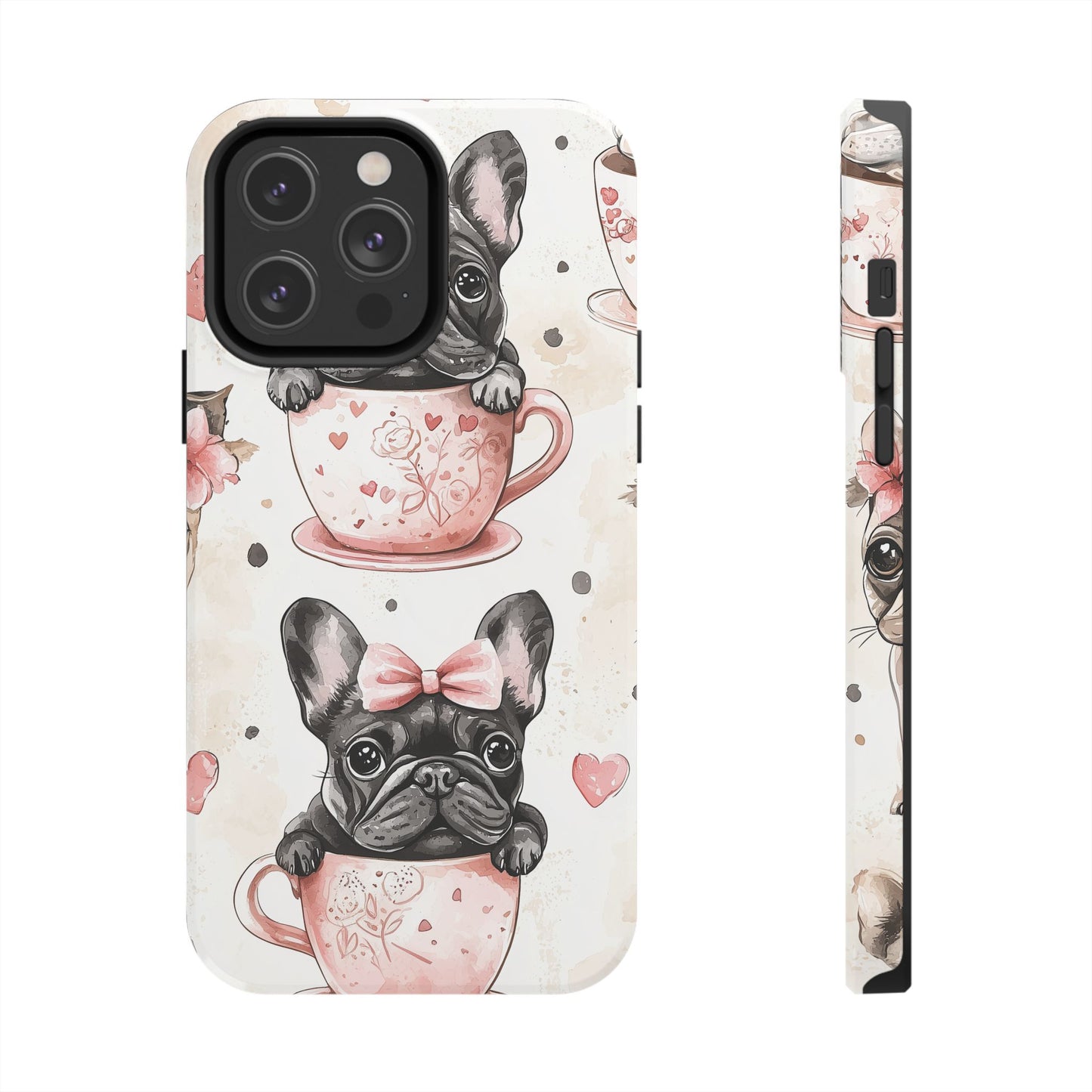 French Bulldogs in Teacups iPhone Case – Cute Dog Design with Hearts & Bows, Shockproof & Slim - BOGO Cases