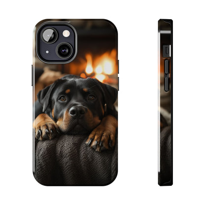 Cozy Rottweiler by the Fireplace iPhone Case – Warm Rustic Design