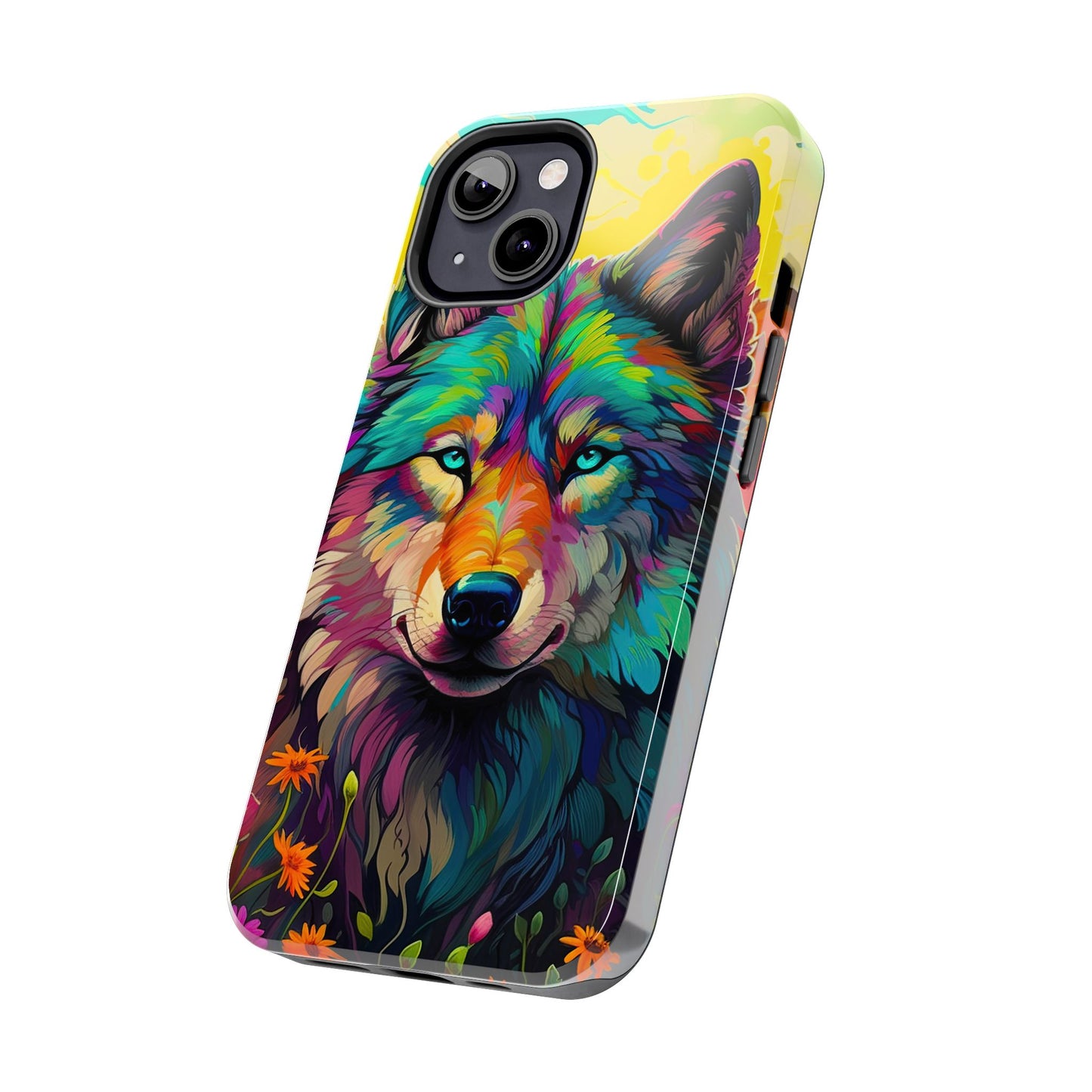 Rainbow Wolf in Bloom – iPhone Case with Vivid Nature Design