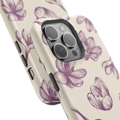 Vintage Botanical Floral Tough MagSafe iPhone Case – Hand-Drawn Purple Flowers, Shockproof Design