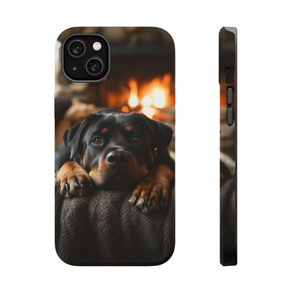 Cozy Rottweiler by the Fireplace MagSafe iPhone Case – Warm Rustic Design