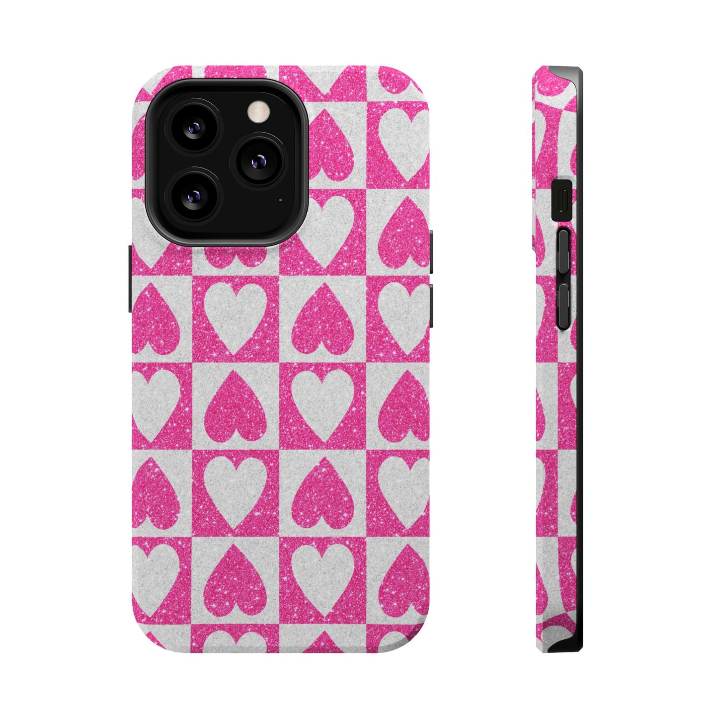 Pink Glitter Heart Checkered Pattern MagSafe Case