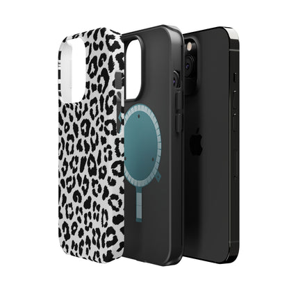 Monochrome Leopard Print Tough MagSafe iPhone Case – Classic Black and White Design with Dual-Layer Protection