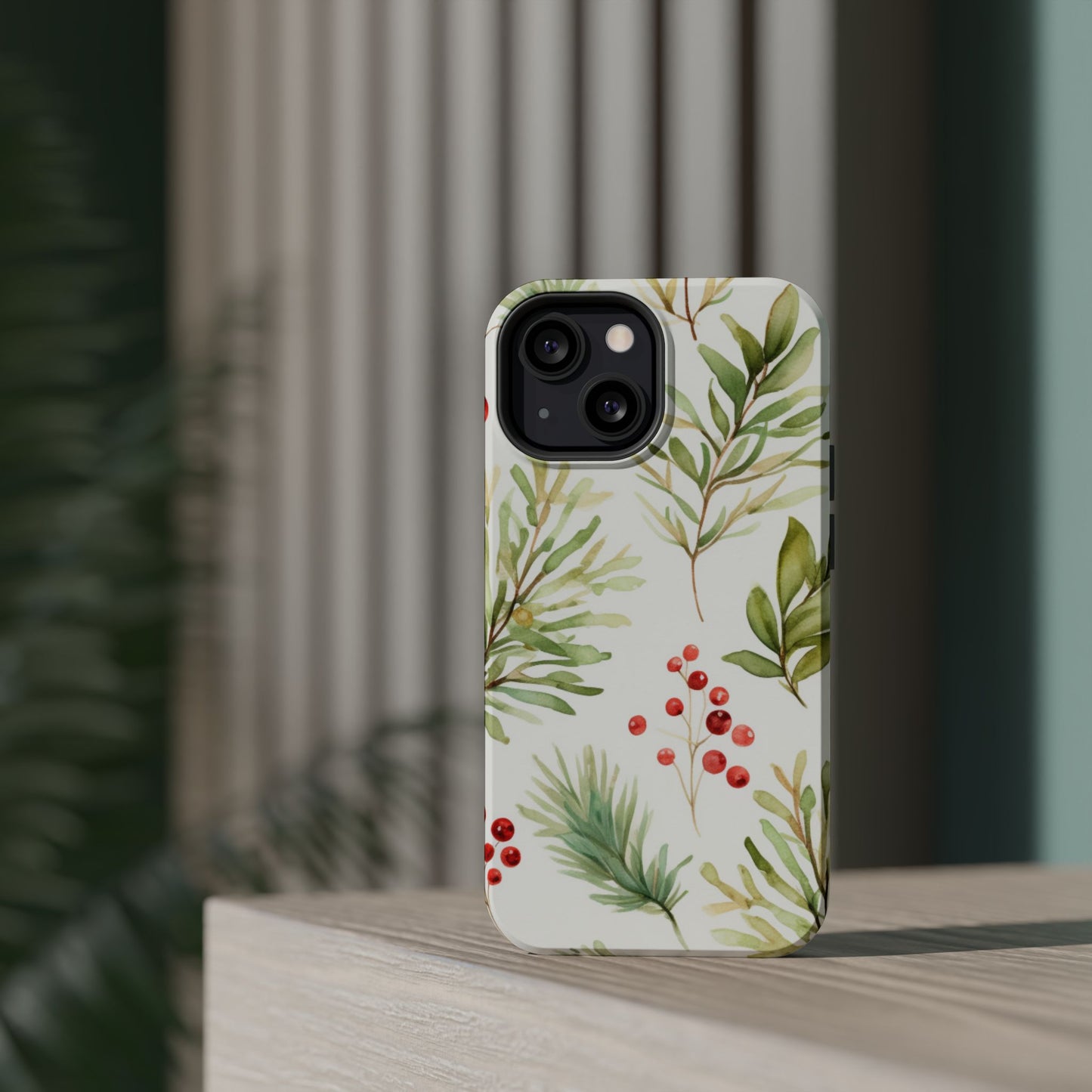 Winter Greenery & Berry Watercolor – MagSafe iPhone Series Case