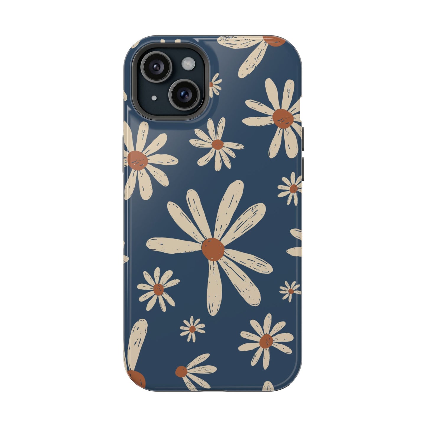 Vintage Daisies MagSafe iPhone Case – Navy Blue Floral Design, Scratch-Resistant with Shock-Absorbing Bumper