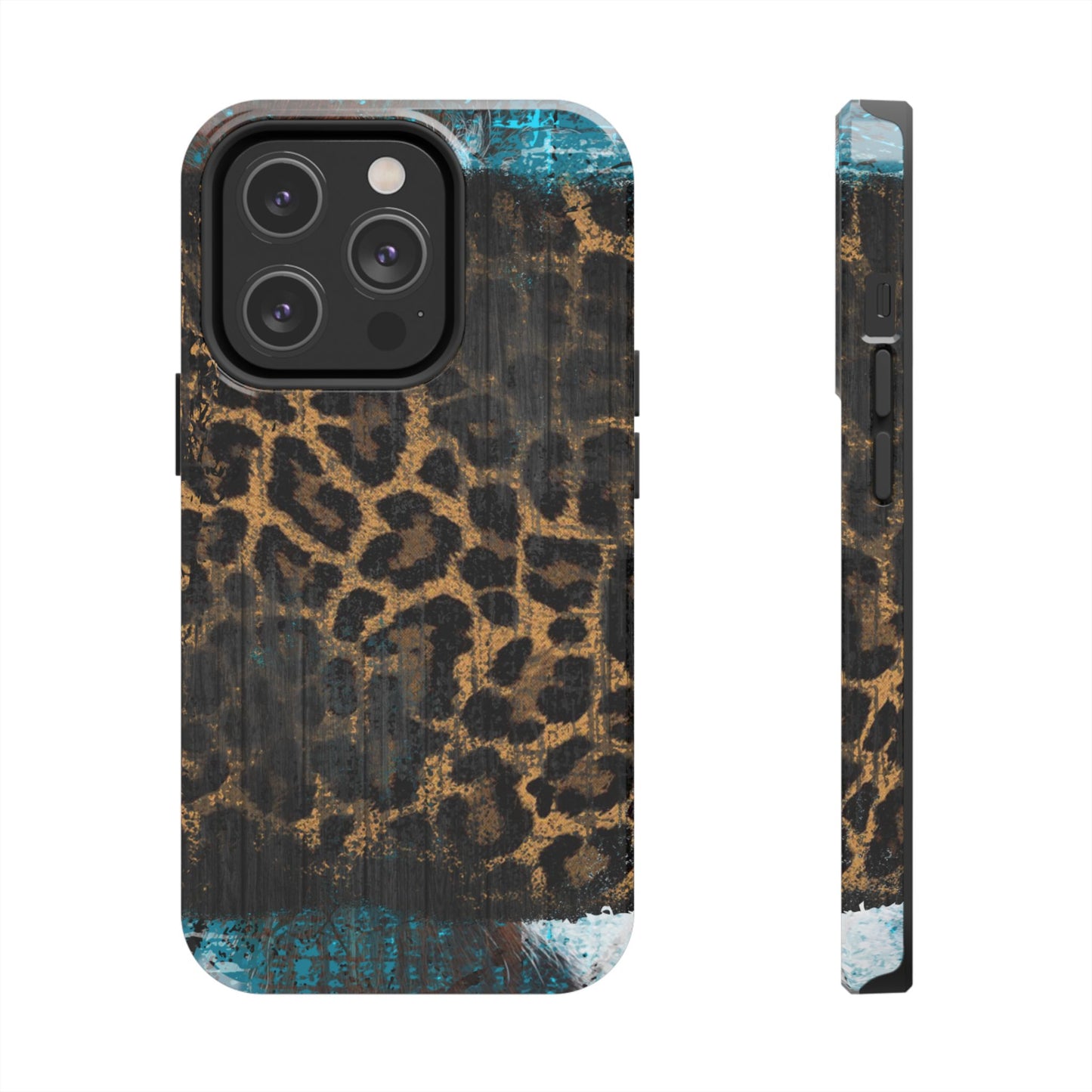 Boho Leopard and Turquoise Tough iPhone Case – Rustic Western Design with Dual-Layer Protection