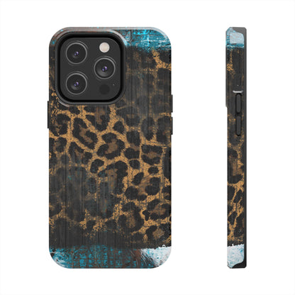 Boho Leopard and Turquoise Tough iPhone Case – Rustic Western Design with Dual-Layer Protection