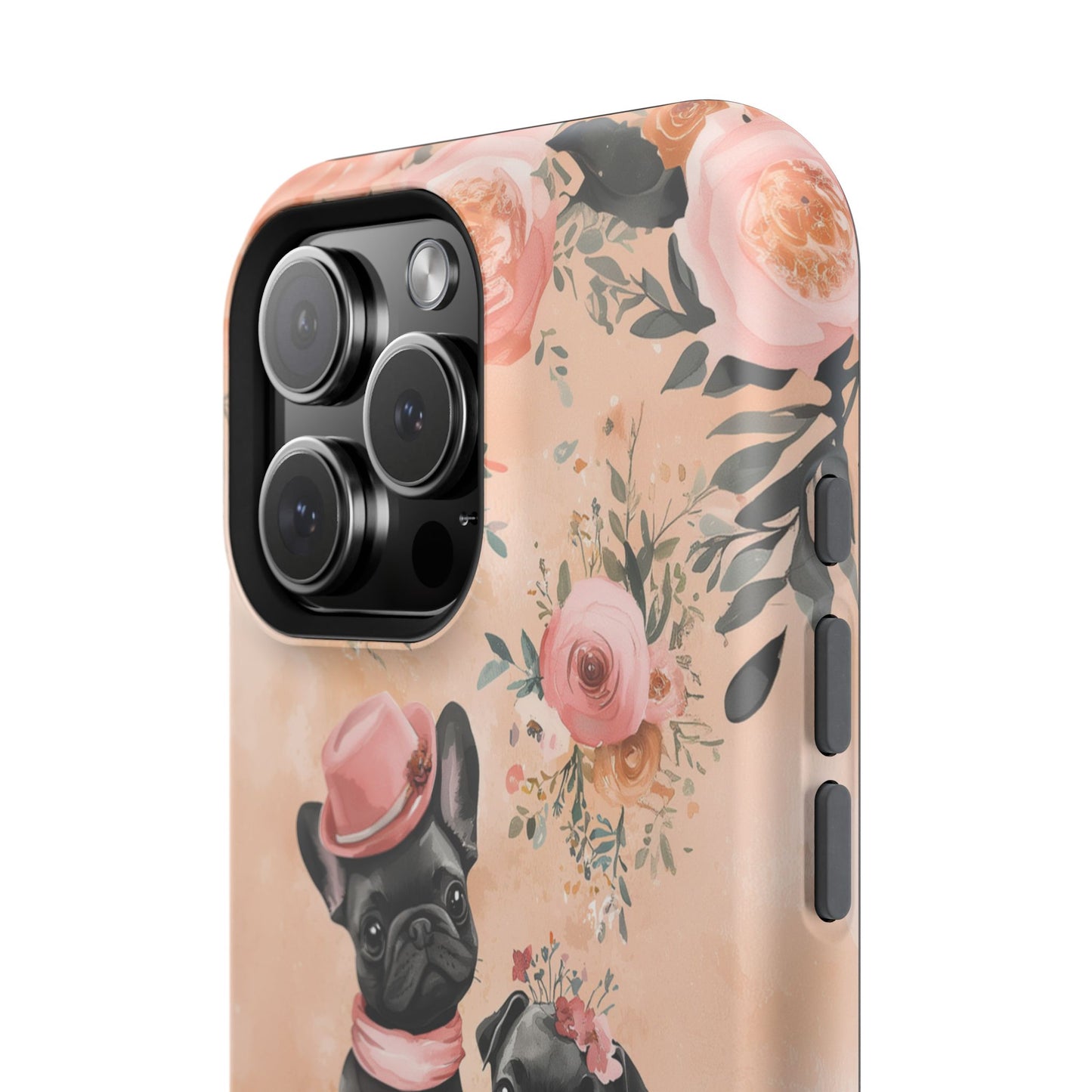 Floral French Bulldogs MagSafe iPhone Case – Elegant Dog Design with Tea Cups & Roses, Shockproof Protection