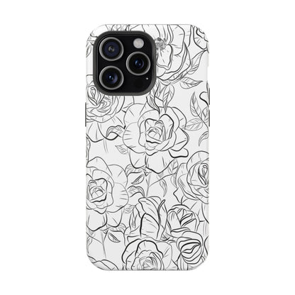 Monochrome Rose Garden Tough MagSafe iPhone Case – Elegant Floral Line Art with Dual-Layer Protection