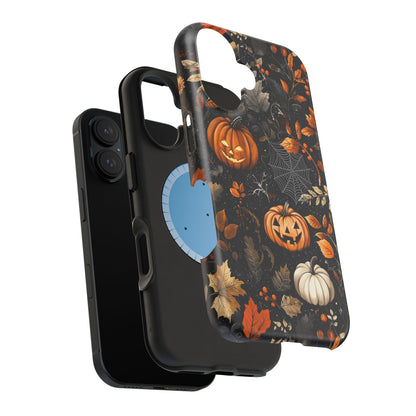 Elegant Halloween MagSafe iPhone Case – Pumpkin Jack-o'-Lanterns, Cobwebs & Autumn Foliage Design