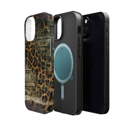 Rustic Wood and Leopard Print Tough MagSafe iPhone Case – Distressed Western Design with Dual-Layer Protection