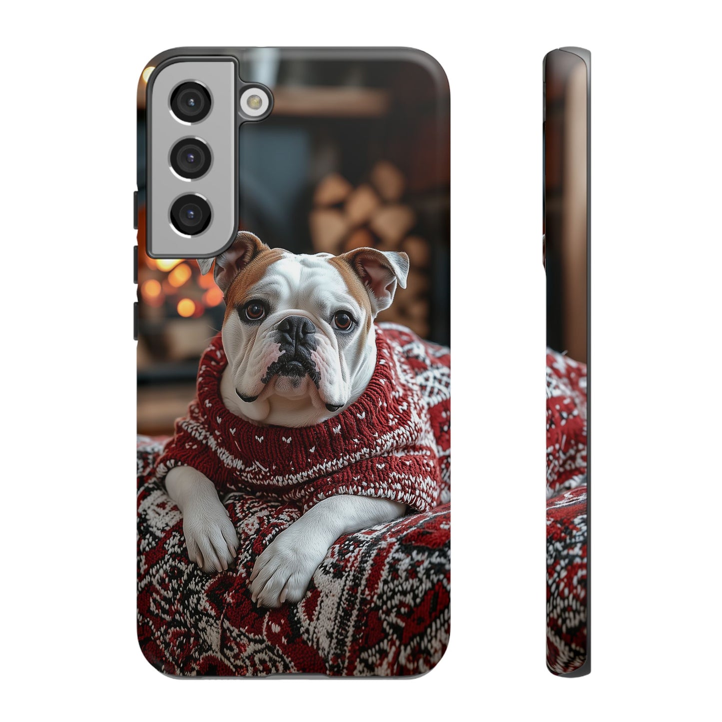 Cozy Bulldog in Sweater Samsung Galaxy Case – Festive Fireplace Protective Cove