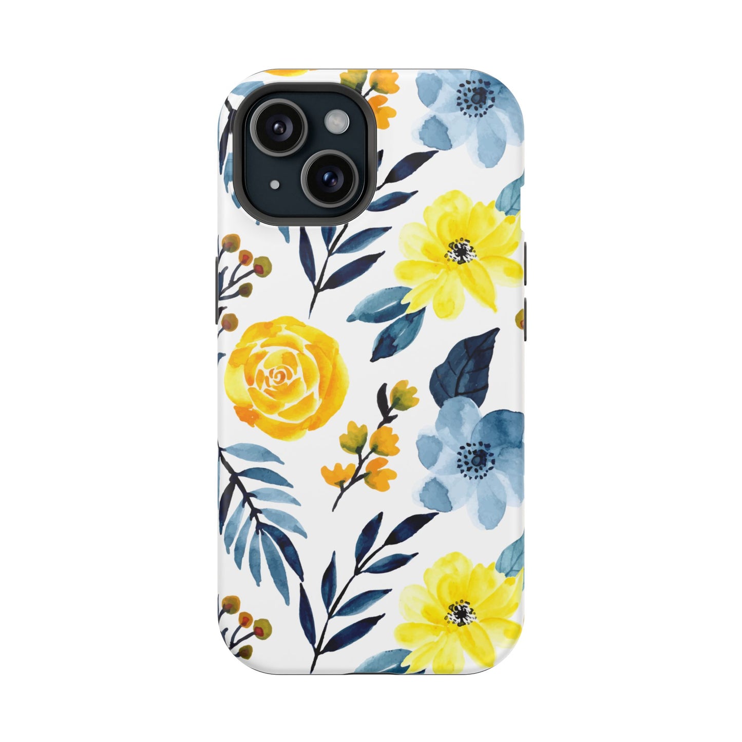 Golden Yellow & Sky Blue Floral – Watercolor Botanical MagSafe iPhone Case