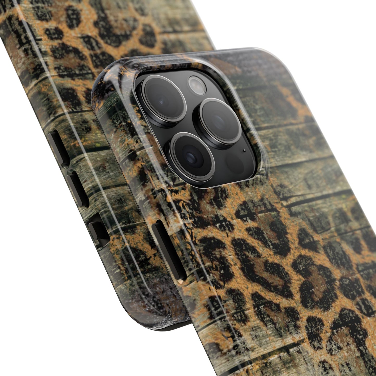 Rustic Wood and Leopard Print Tough iPhone Case – Distressed Western Design with Dual-Layer Protection