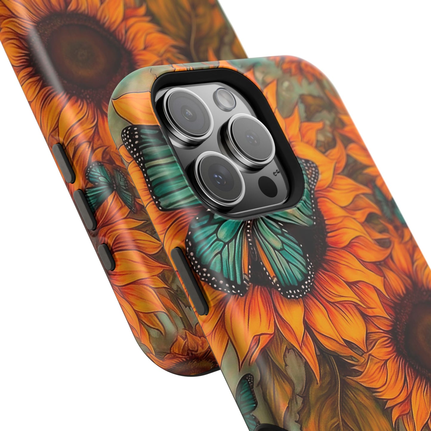 Vintage Blue Butterfly & Sunflower Art – MagSafe iPhone Case