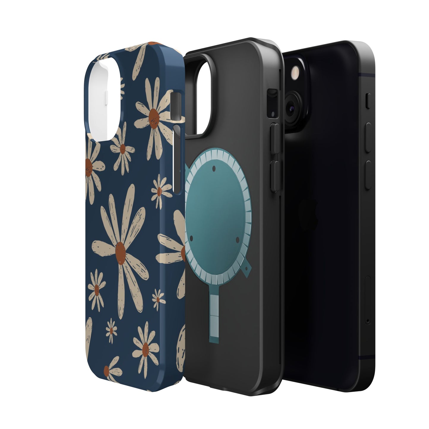 Vintage Daisies MagSafe iPhone Case – Navy Blue Floral Design, Scratch-Resistant with Shock-Absorbing Bumper